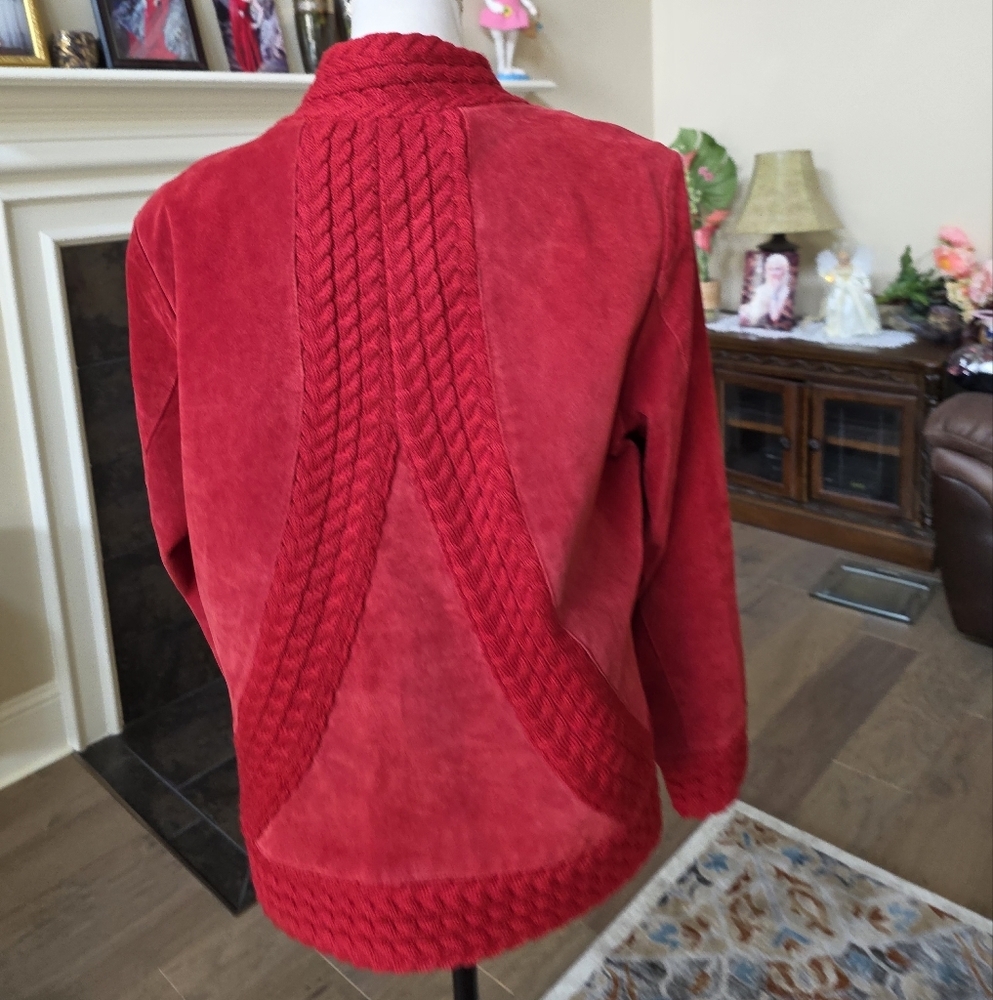 Coldwater Creek Red Suede Leather Cable Knit Jacket Size Large L - Picture 5 of 16